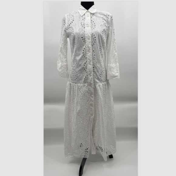 Zara Dress Women Medium White Eyelet 3/4 Sleeves Button Up Midi Cottage Boho - Picture 1 of 13